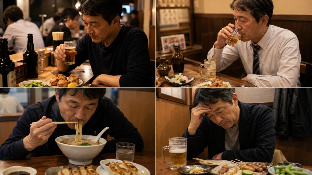 外食が続き食事リズムが乱れやすくなった50代男性のイメージ