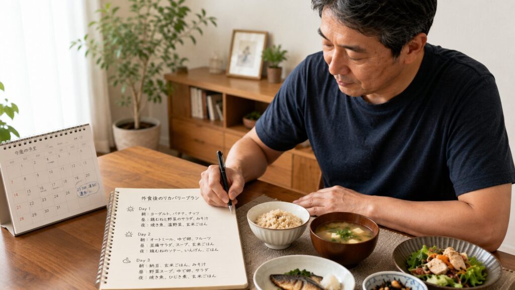 50代男性が外食後の食事調整計画を立てている様子