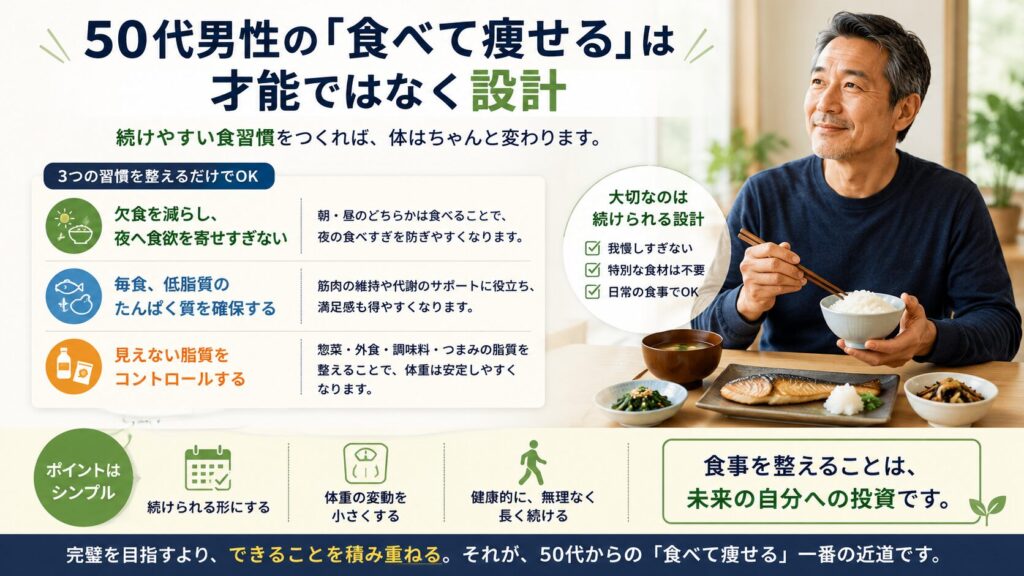 50代男性向けに、欠食を減らす、低脂質なたんぱく質を確保する、見えない脂質を整えるという3つの習慣を軸に、「食べて痩せる」は才能ではなく設計であることを整理した図解。