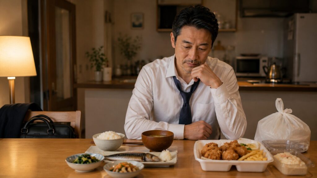 50代男性が仕事後の食事選びをしているイメージ