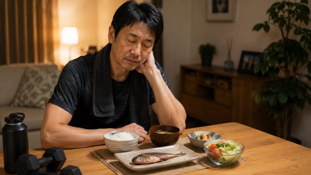 運動だけで体重管理を続けようとして疲れている50代男性の様子