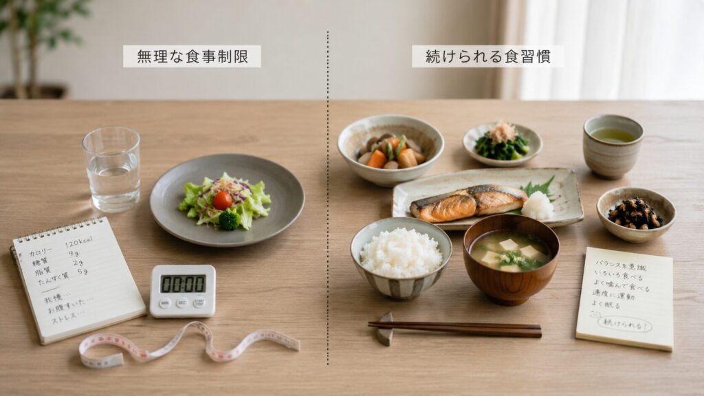 極端な食事制限とバランスの取れた食事を比較するイメージ