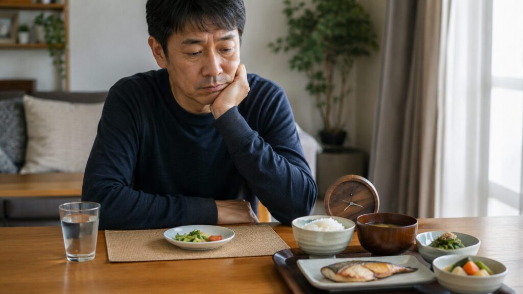 50代男性が無理な食事制限ではなく、続けやすい食事管理を考えている様子