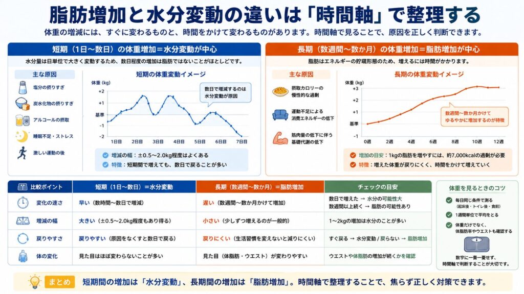 脂肪増加と水分変動の違いを、短期変動と長期変動の時間軸で比較整理した図解