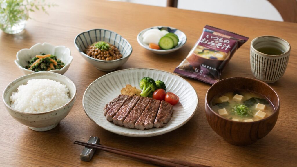 50代男性の加工食品と自家製を組み合わせた現実的な食事イメージ