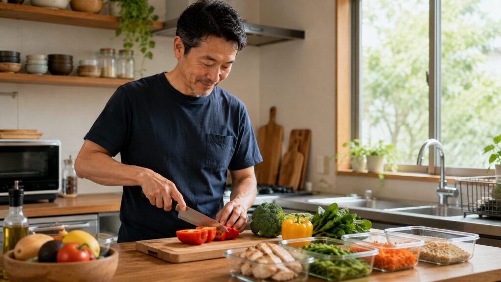 健康的な食事の準備をする50代男性