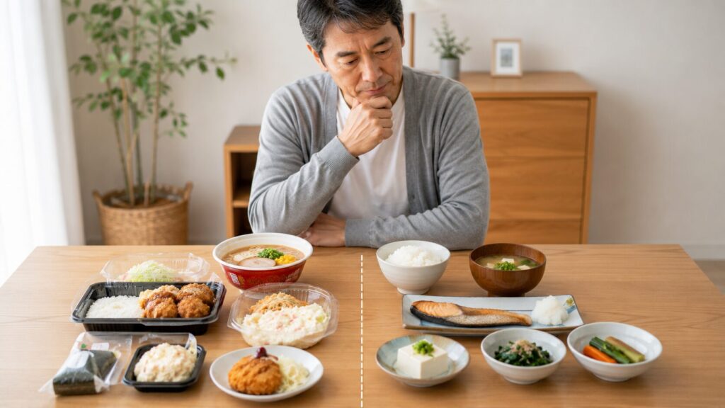 50代男性の食事で増えやすい脂質を整理したイメージ