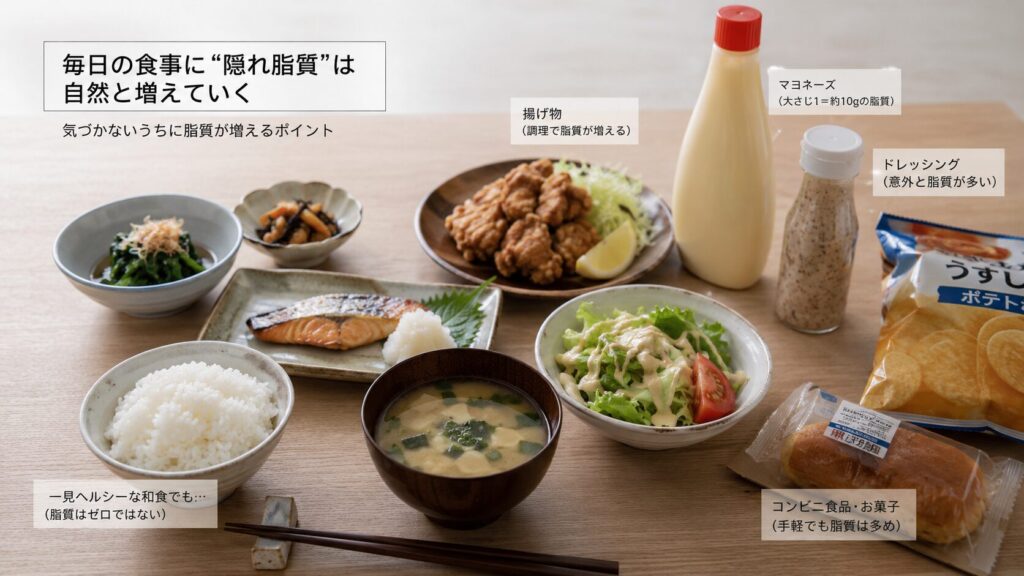 50代男性の食事で増えやすい見えない脂質のイメージ