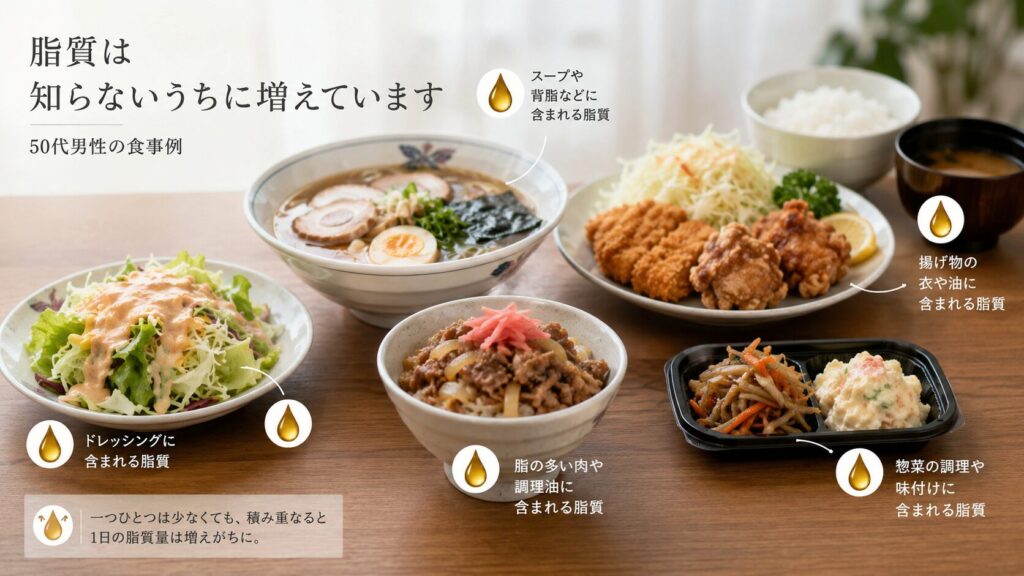 外食や揚げ物で脂質が増えやすい50代男性の食事イメージ