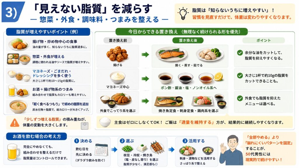 50代男性向けに、惣菜・外食・調味料・お酒のつまみなどで増えやすい「見えない脂質」を整理し、低脂質へ置き換える方法を解説した図解。
