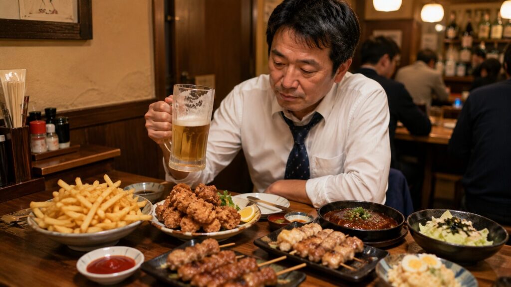 揚げ物やビールなど高脂質なおつまみが並ぶ食卓イメージ