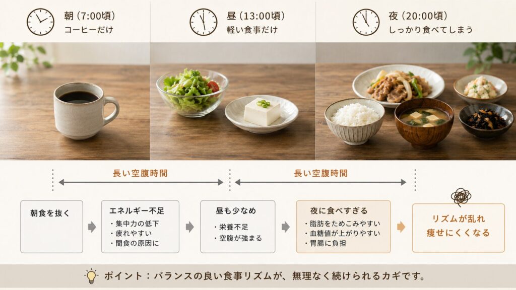 朝昼を減らしすぎて夜に食べ過ぎやすくなる食事パターンのイメージ