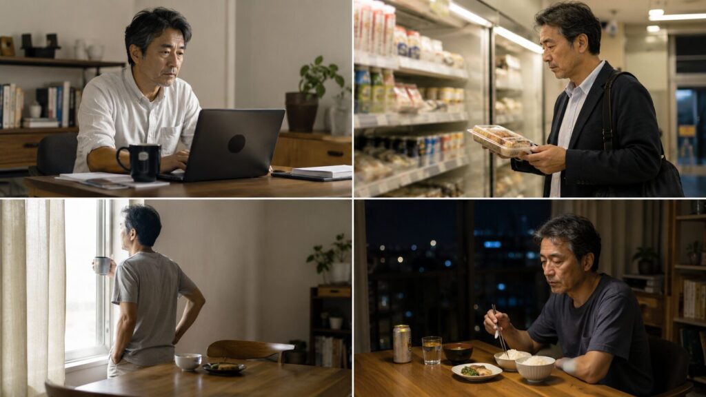 50代男性の不規則な食事時間を表したイメージ