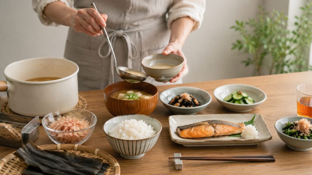 味噌汁や焼き魚を取り入れた和食中心の食事を準備する様子