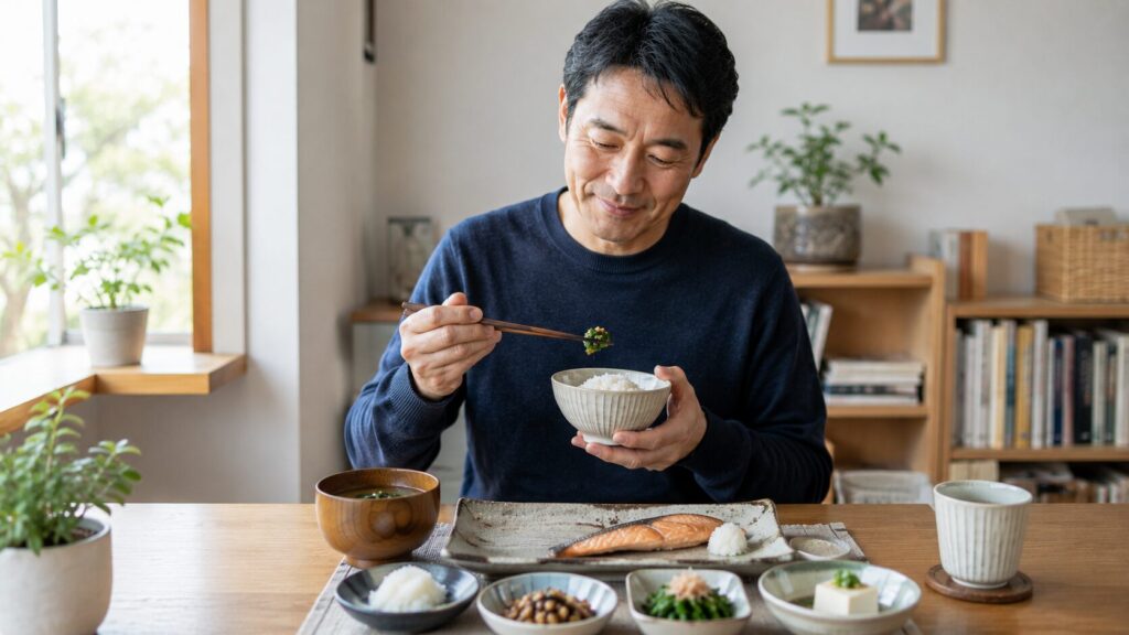 50代男性が生活リズムを崩さず食事管理しているイメージ