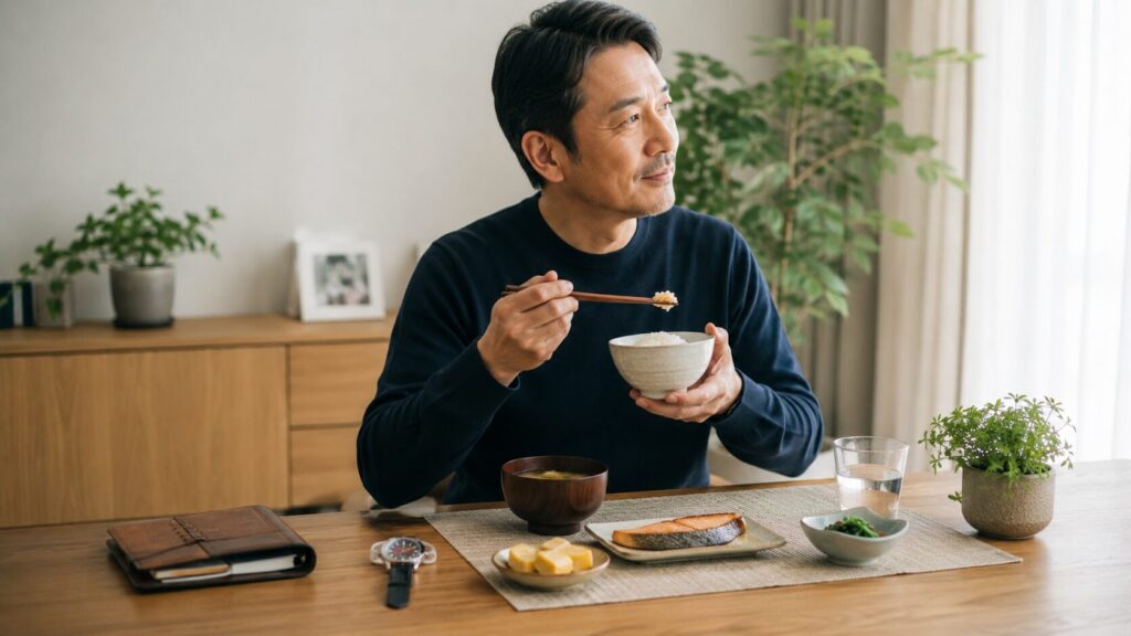 50代男性が生活リズムを整えながら和食中心の食事管理を続けている様子