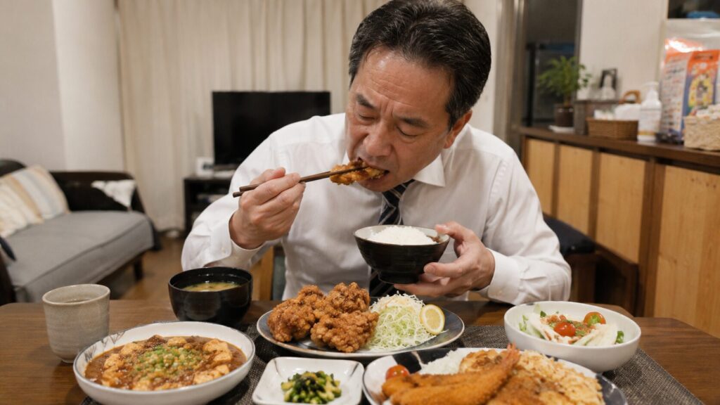 昼食を軽くしすぎて夜に食欲が強くなっている50代男性のイメージ