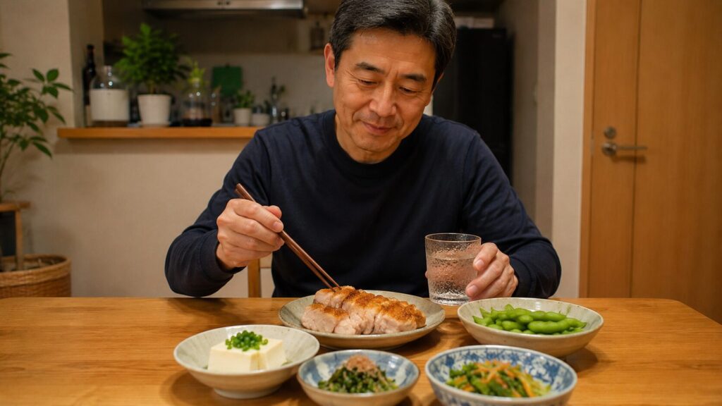 揚げ物を控えて和食中心のおつまみを選んでいる食卓イメージ