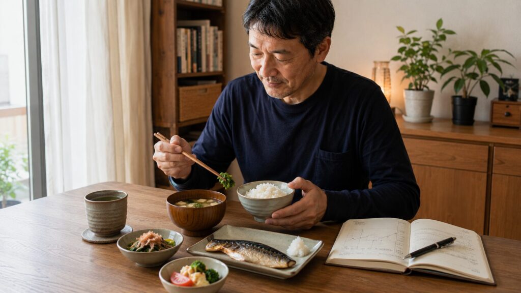 短期よりも崩れにくさを重視して体重管理を続けている50代男性のイメージ