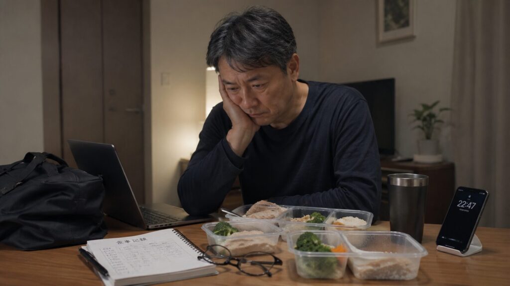 50代男性の固定化された食事管理による継続疲労をイメージした写真