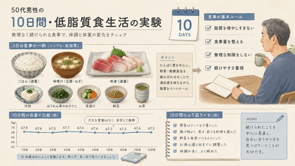 50代男性の低脂質生活と体重管理を整理した図解イラスト