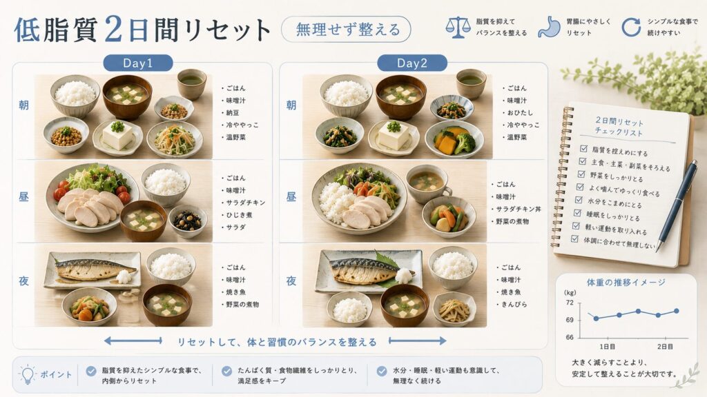 50代男性向けの低脂質2日間リセット食事例を整理したイメージ