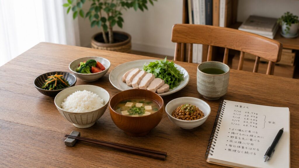 50代男性の低脂質な食生活と体重管理のイメージ