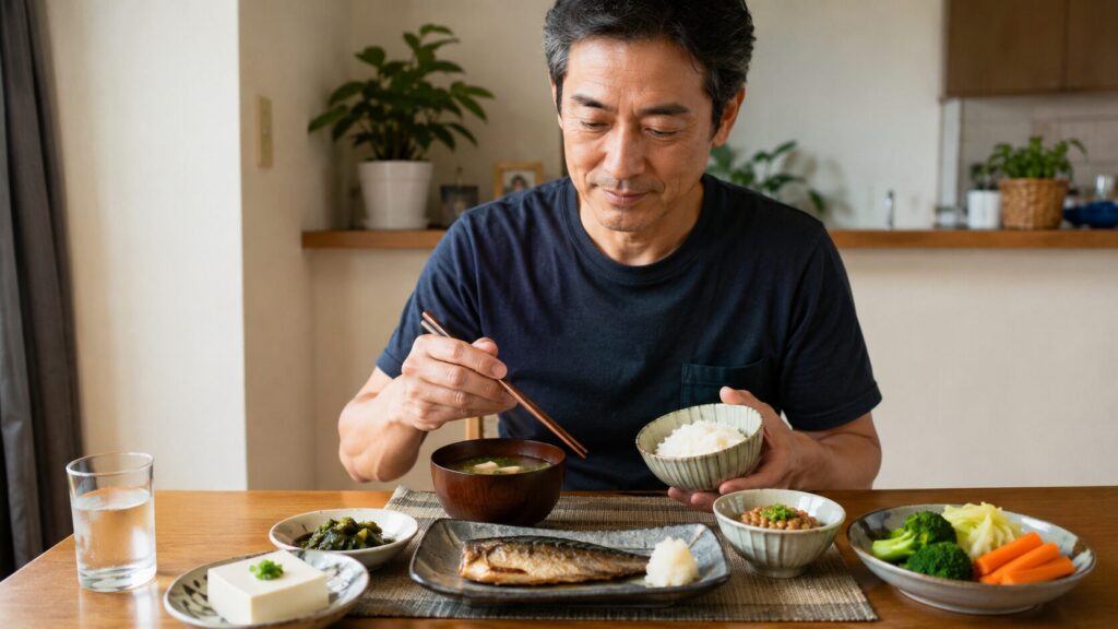 焼き魚や味噌汁を中心にした低脂質な和食の食卓イメージ