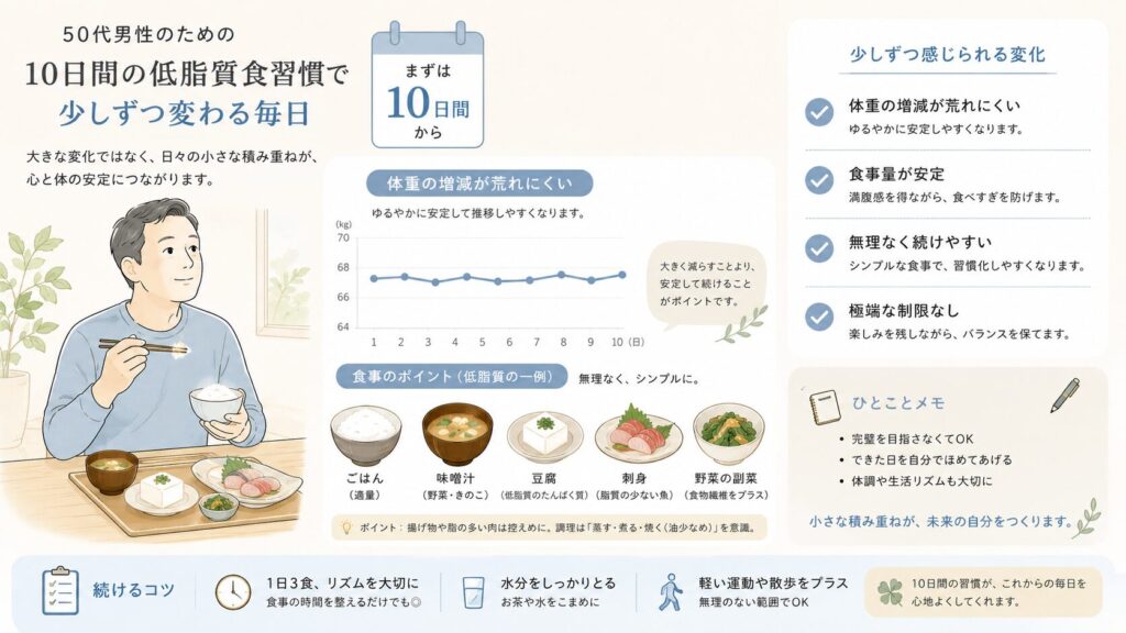 50代男性の食事改善と体重変化を整理した図解イラスト