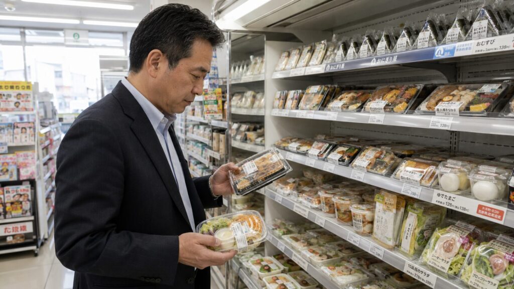 50代男性がコンビニで昼食バランスを確認しながら選んでいるイメージ