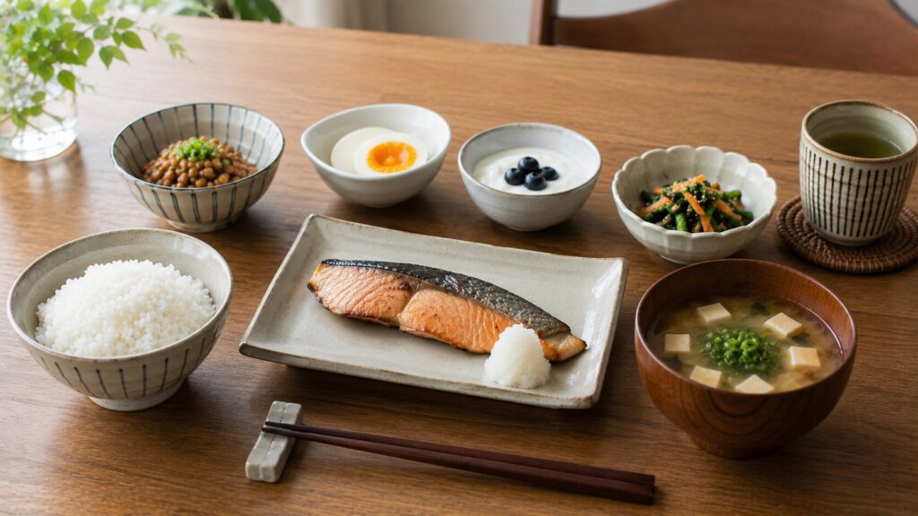 50代男性の主菜と補助たんぱく源を組み合わせた食事イメージ