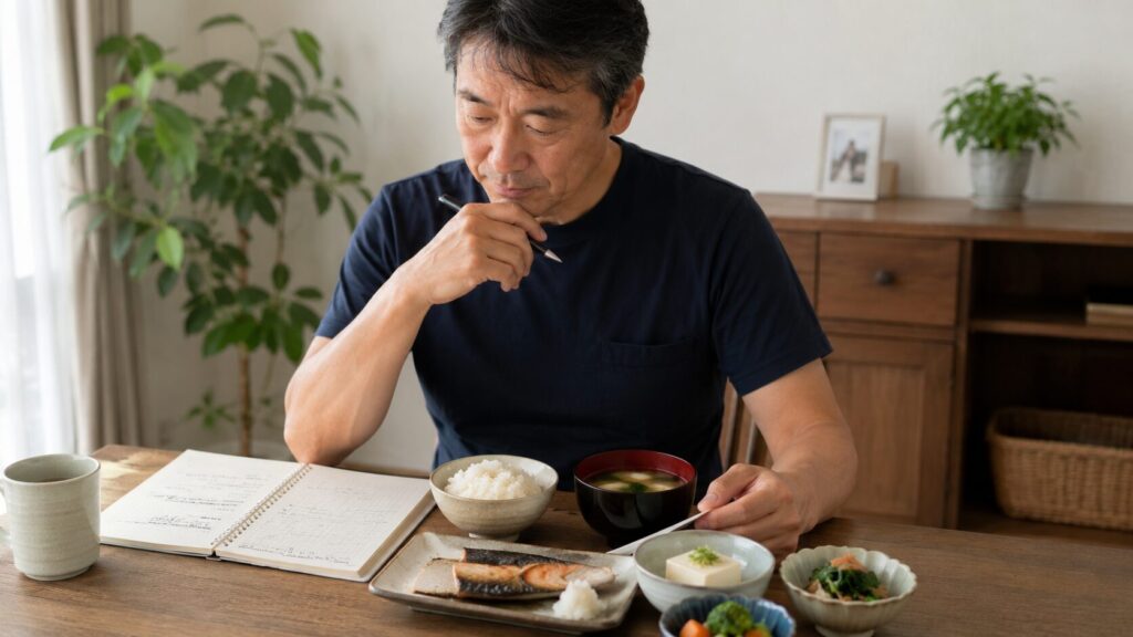 50代男性が食事内容と体重を記録しながら生活習慣を振り返っている様子