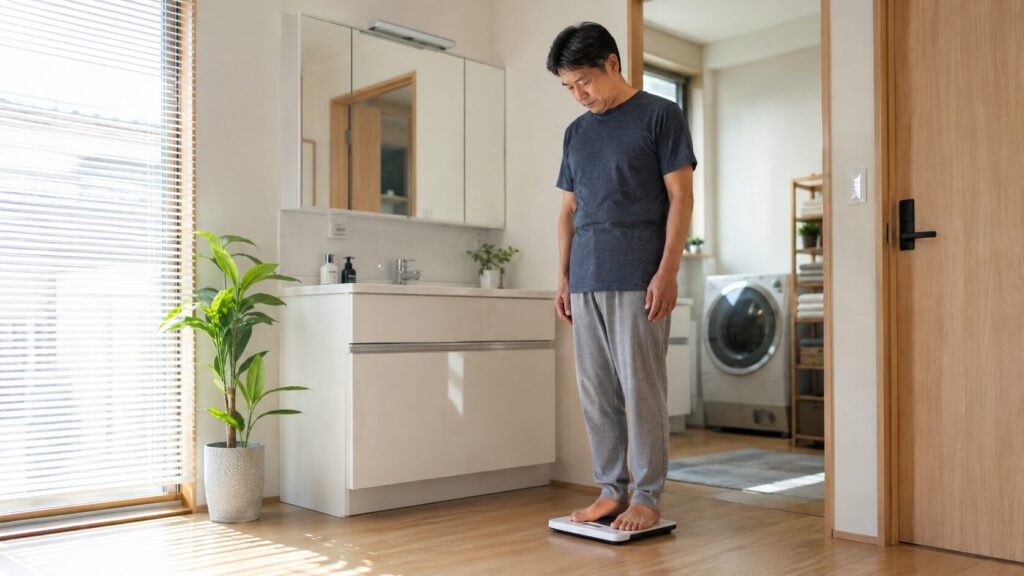 会食が続いた後に体重を確認する50代男性