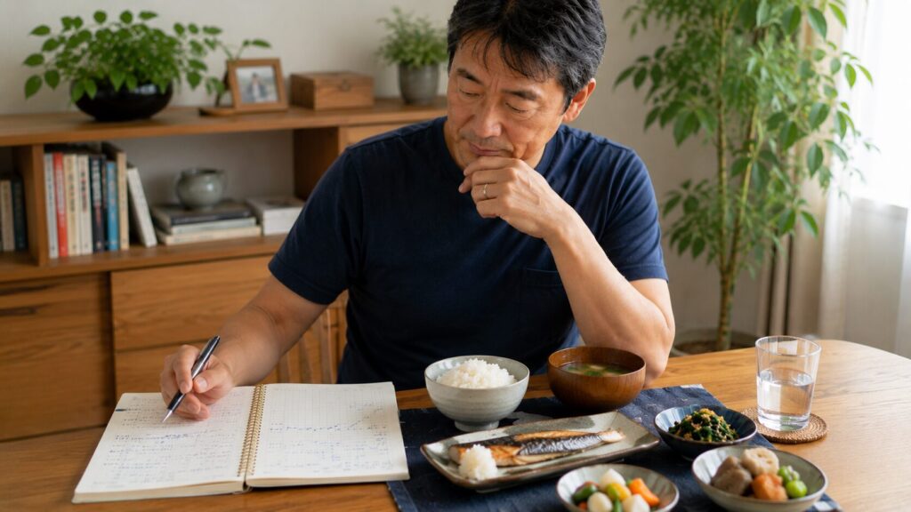 50代男性が食事内容と体重の流れを確認しながら記録を見返している様子