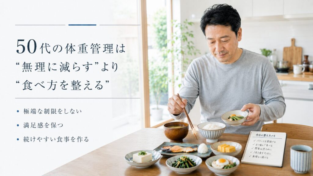 50代男性が無理な制限ではなく食べ方を整えて体重管理している様子の画像