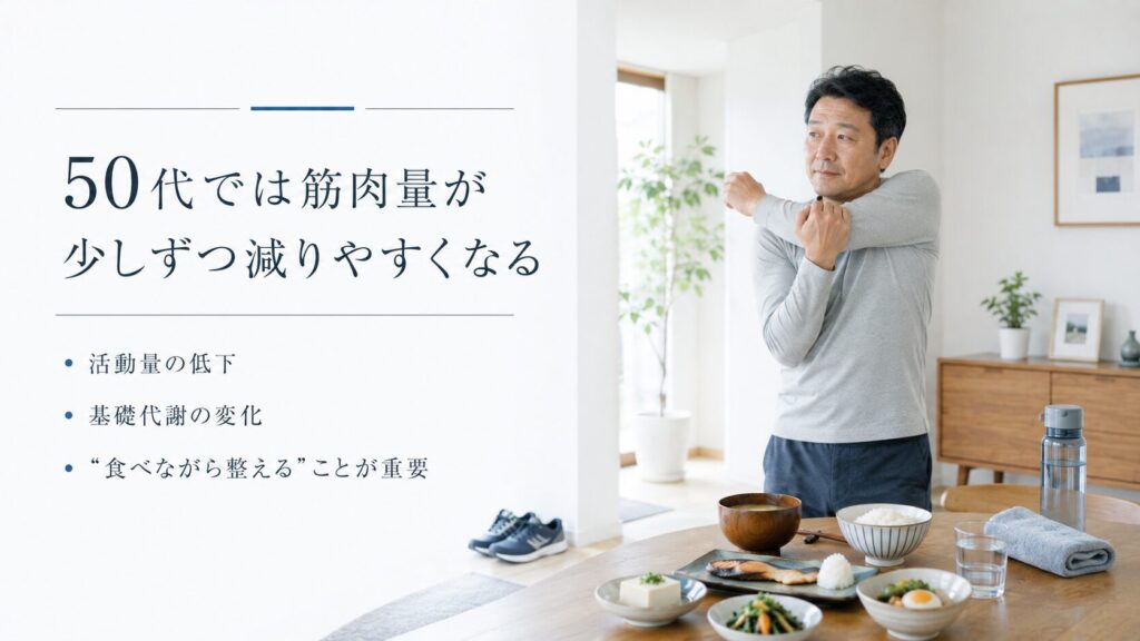 50代男性が筋肉量の低下を防ぐために日常生活を整えている様子の画像