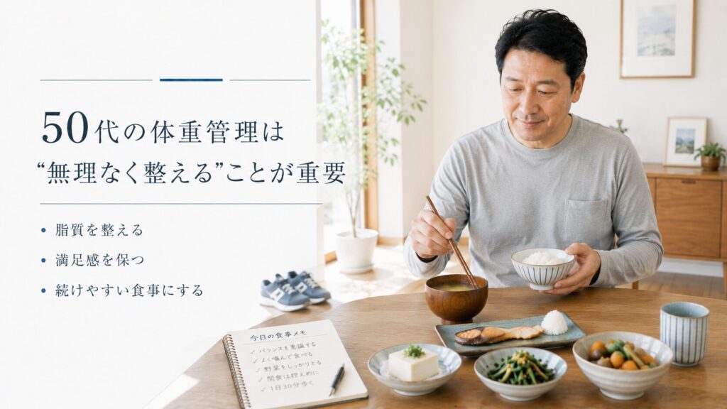 50代男性が無理な制限をせず食生活を整えている様子の画像