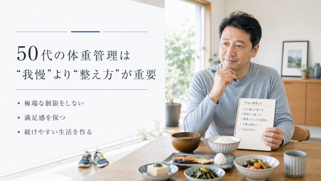 50代男性が無理な食事制限ではなく生活習慣を整えている様子の画像