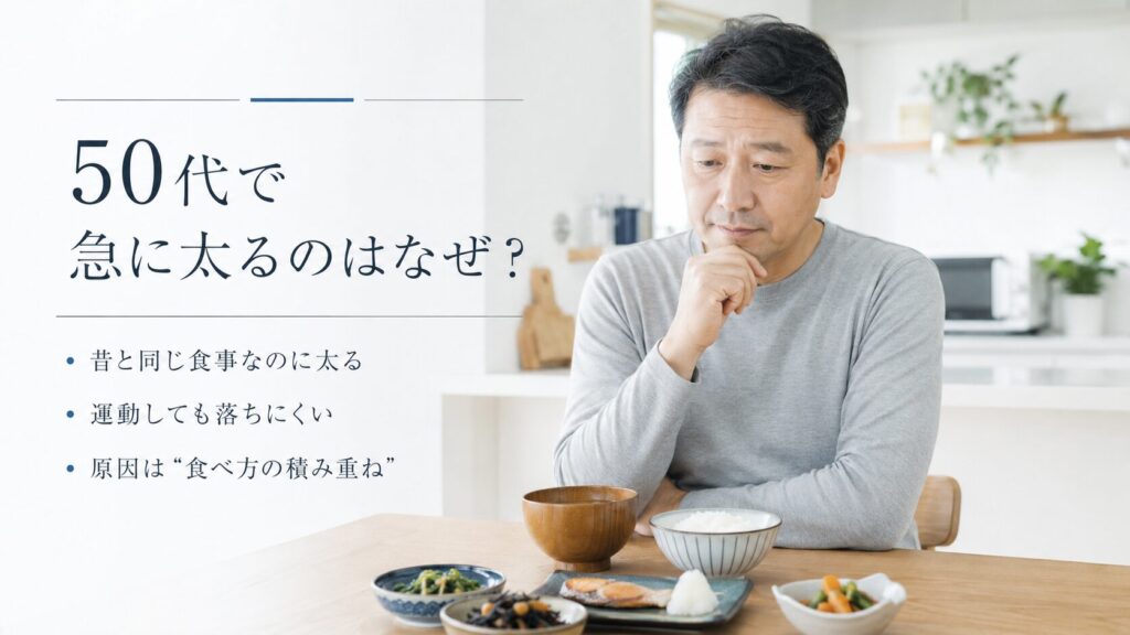 50代男性が昔と同じ食事でも太りやすくなる原因をイメージした写真