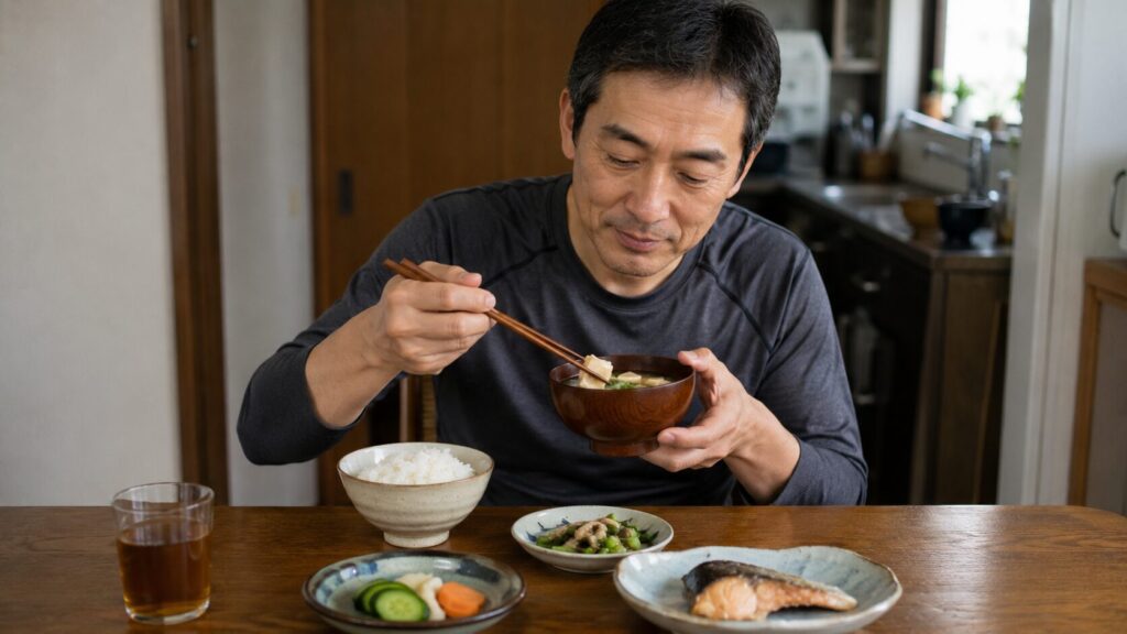 具だくさん味噌汁と和食中心の食卓イメージ
