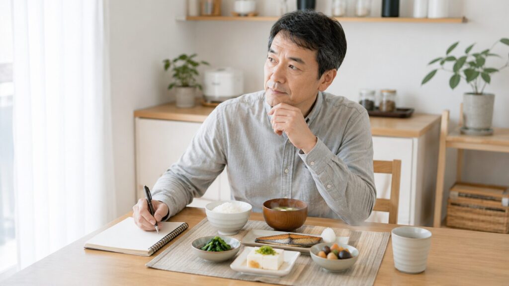 味噌汁を含めたバランスの良い食事を考える50代男性のイメージ