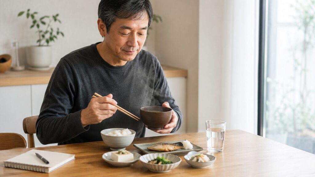 味噌汁を含めたバランスの良い和食を続ける50代男性のイメージ
