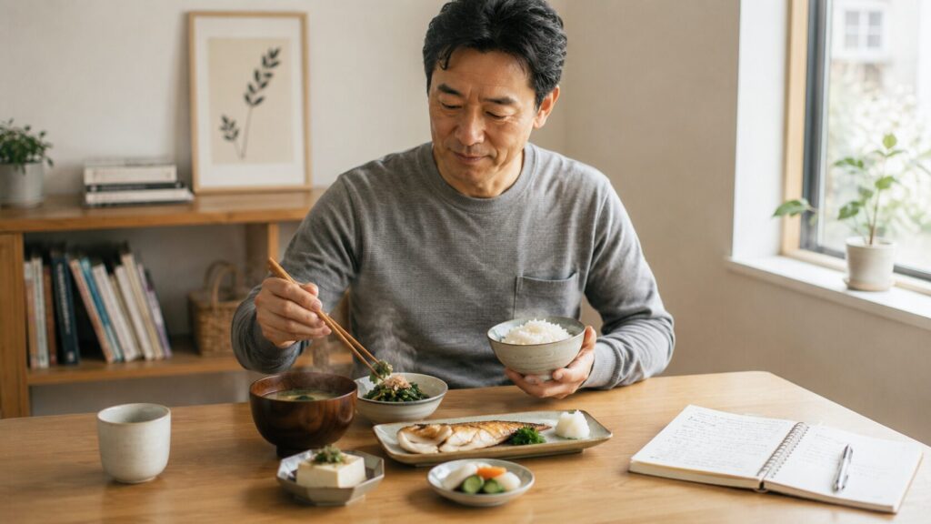 味噌汁を中心に整った和食を食べる50代男性のイメージ