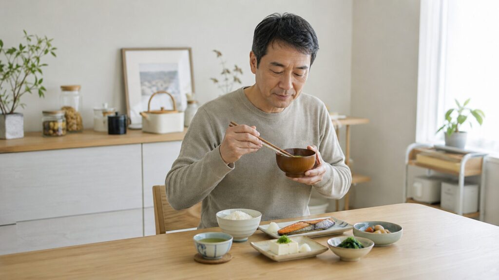 味噌汁を取り入れた毎日の食事を続ける50代男性のイメージ