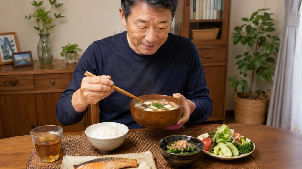 味噌汁を中心にした低脂質な夕食のイメージ