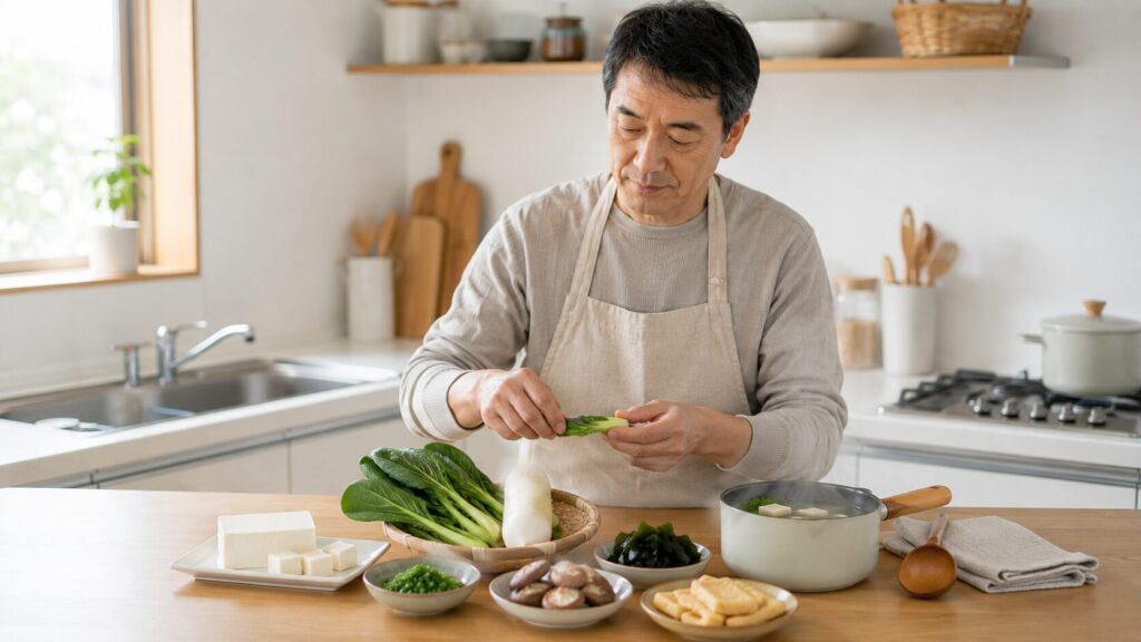 味噌汁に使いやすい具材を並べた50代向け和食イメージ