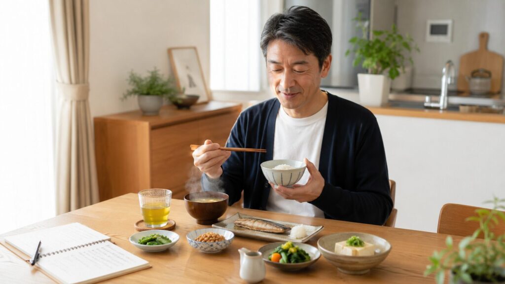 味噌汁を取り入れた低脂質の和食を食べる50代男性のイメージ