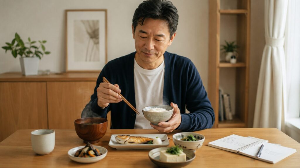 50代男性が味噌汁を取り入れた和食で食事を整えているイメージ