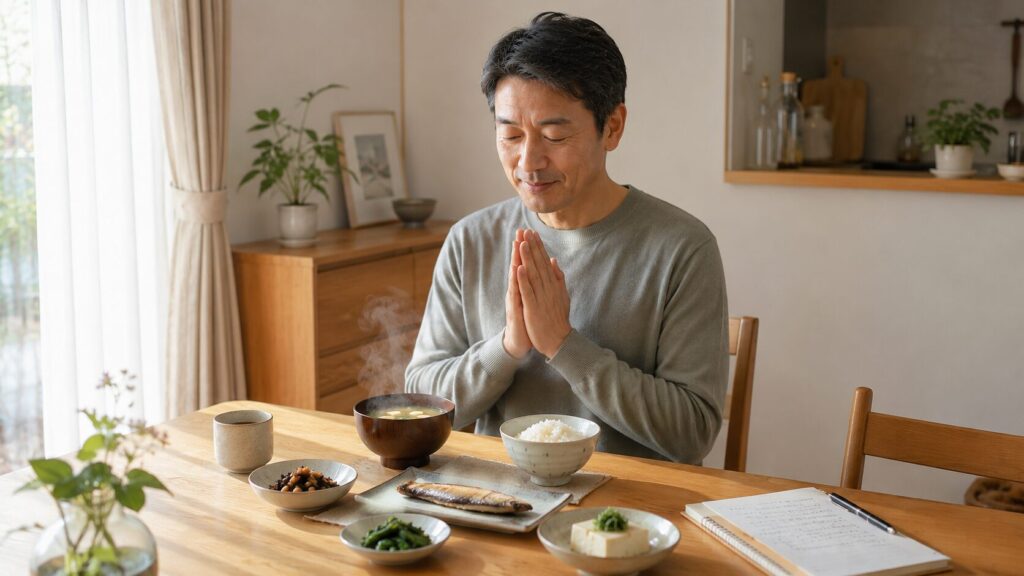 味噌汁を取り入れた和食で満足感のある食事をしている50代男性のイメージ