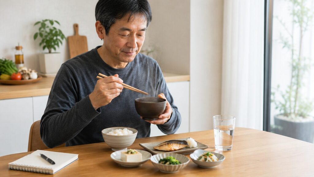 味噌汁を取り入れた安定した和食習慣を続ける50代男性のイメージ